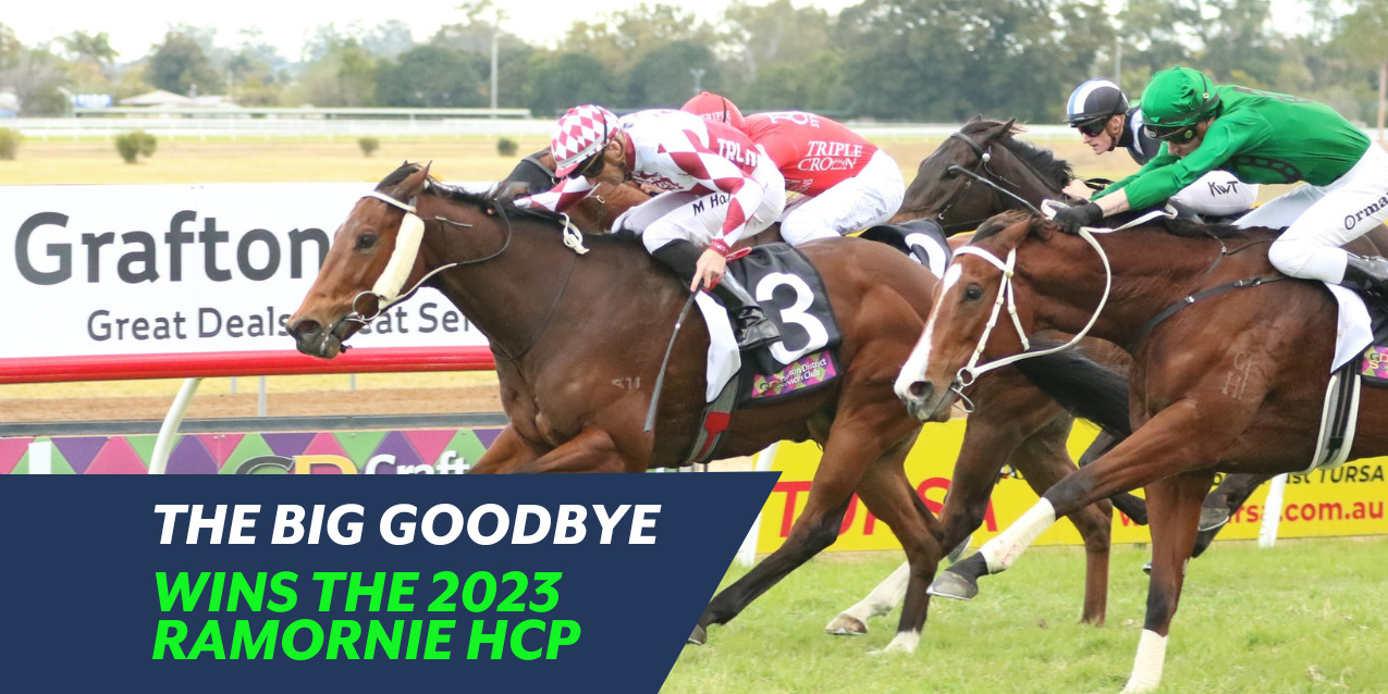 The Big Goodbye crossing the line 1st to win the 2023 listed Ramornie handicap and in doing so becoming the 1st stakes winner in The Racing League