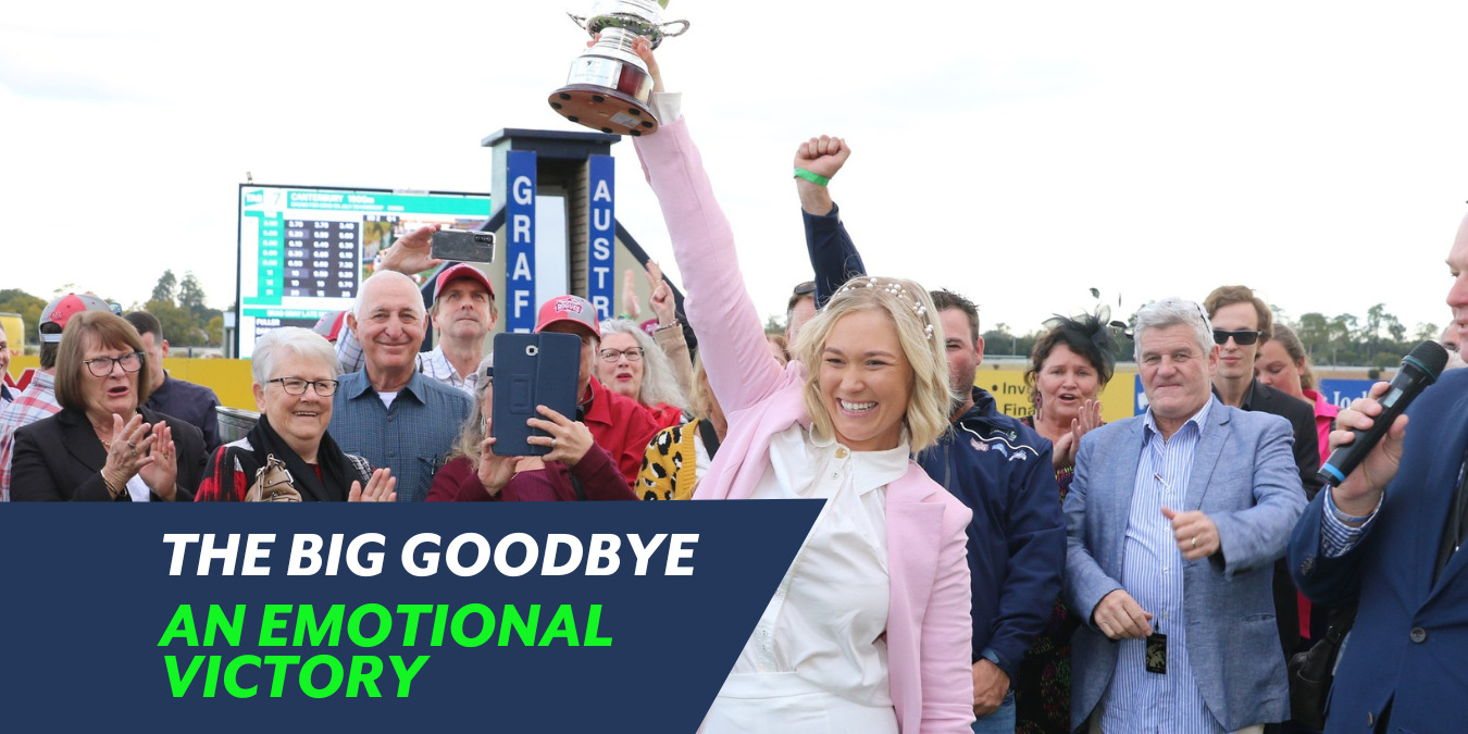 Leah Kilner celebrating The Big Goodbye's victory in the 2023 Ramornie Hcp. An emotional victory for all